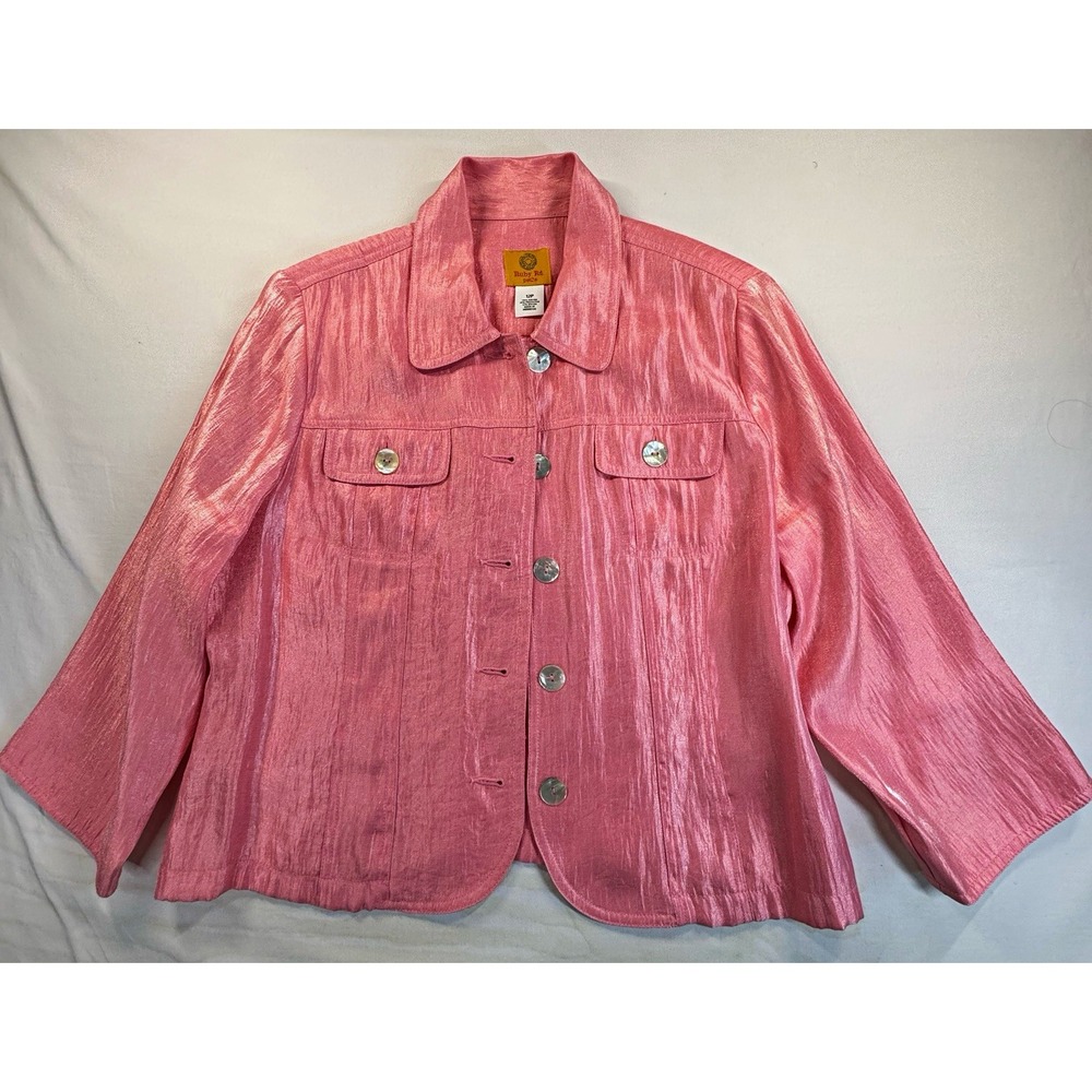 Ruby Rd. Womens Pink Satin Button-Front Jacket Pockets 3/4 Sleeve Petite 12P